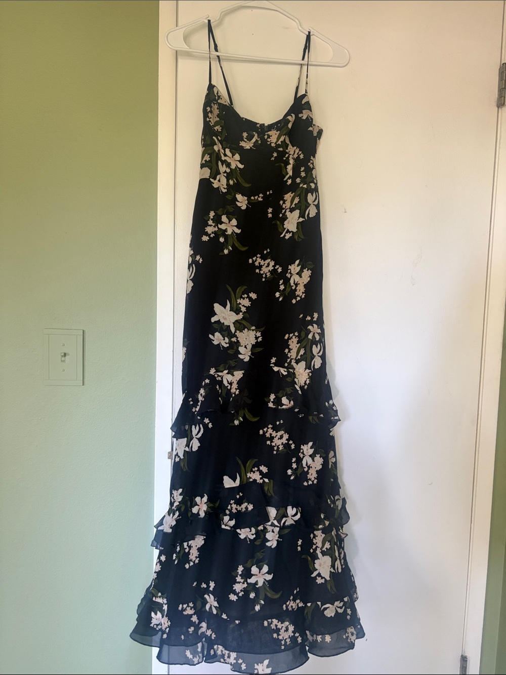Reformation Ellora dress Black Floral Ruffle Tiered Slip Dress